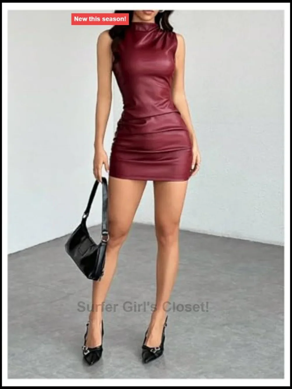 Y2K Sleeveless Ruched PU Leather Mini Dress Mock Neck Bodycon Streetwear